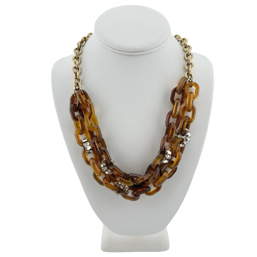 J.Crew Tortoiseshell Chunky Chain Link Necklace with Baguette Rhinestones